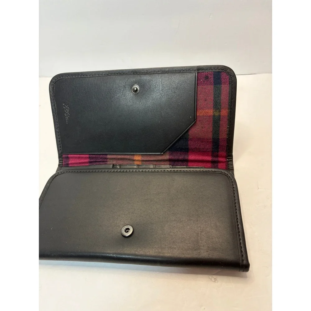 Vintage LL Bean Black Leather Trifold‎ Checkbook Wallet Plaid Lining Mens Womens